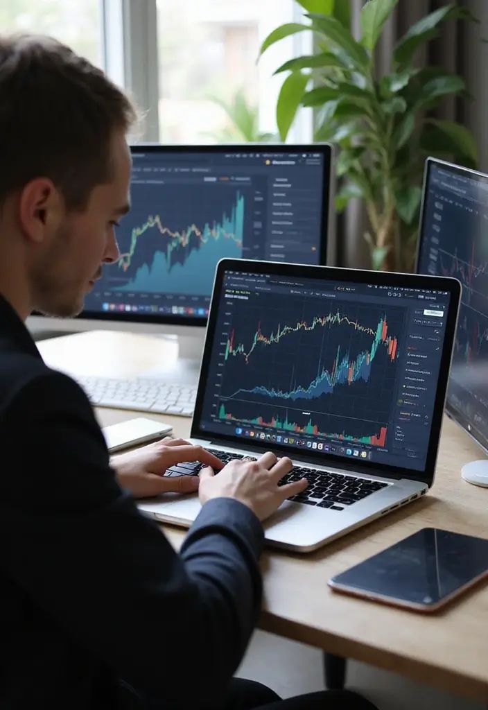 Profesional analizando gráficos financieros en ordenador para evaluar inversiones alternativas y oportunidades de mercado.