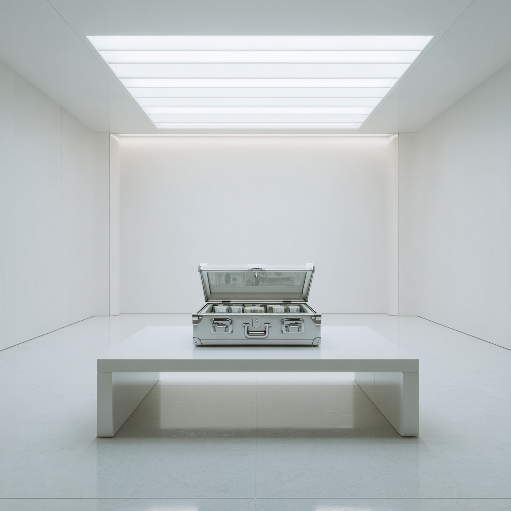 Maletín con dinero sobre una mesa en una sala minimalista, representando inversión, capital y oportunidades financieras.